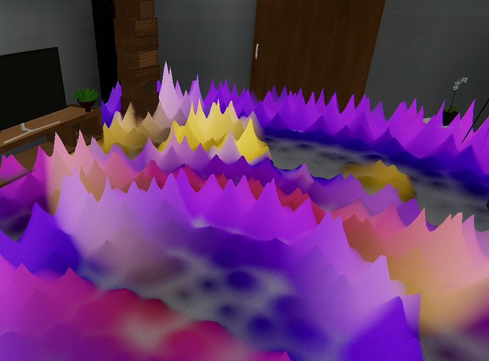 XR music visualizer: glowing purple and yellow audio-reactive mesh on the floor of a grey room with furniture